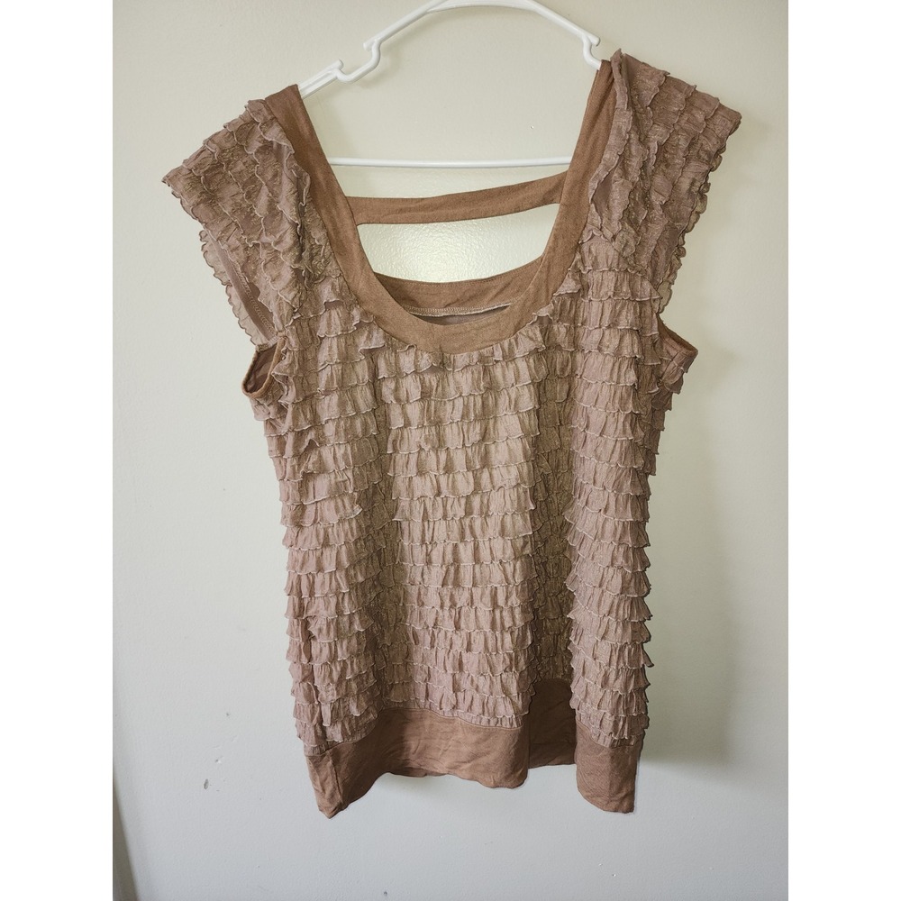 J.T.B. Tan Tiered Ruffle Top Scoop Neck Back Strap Detail Blouse Size Large